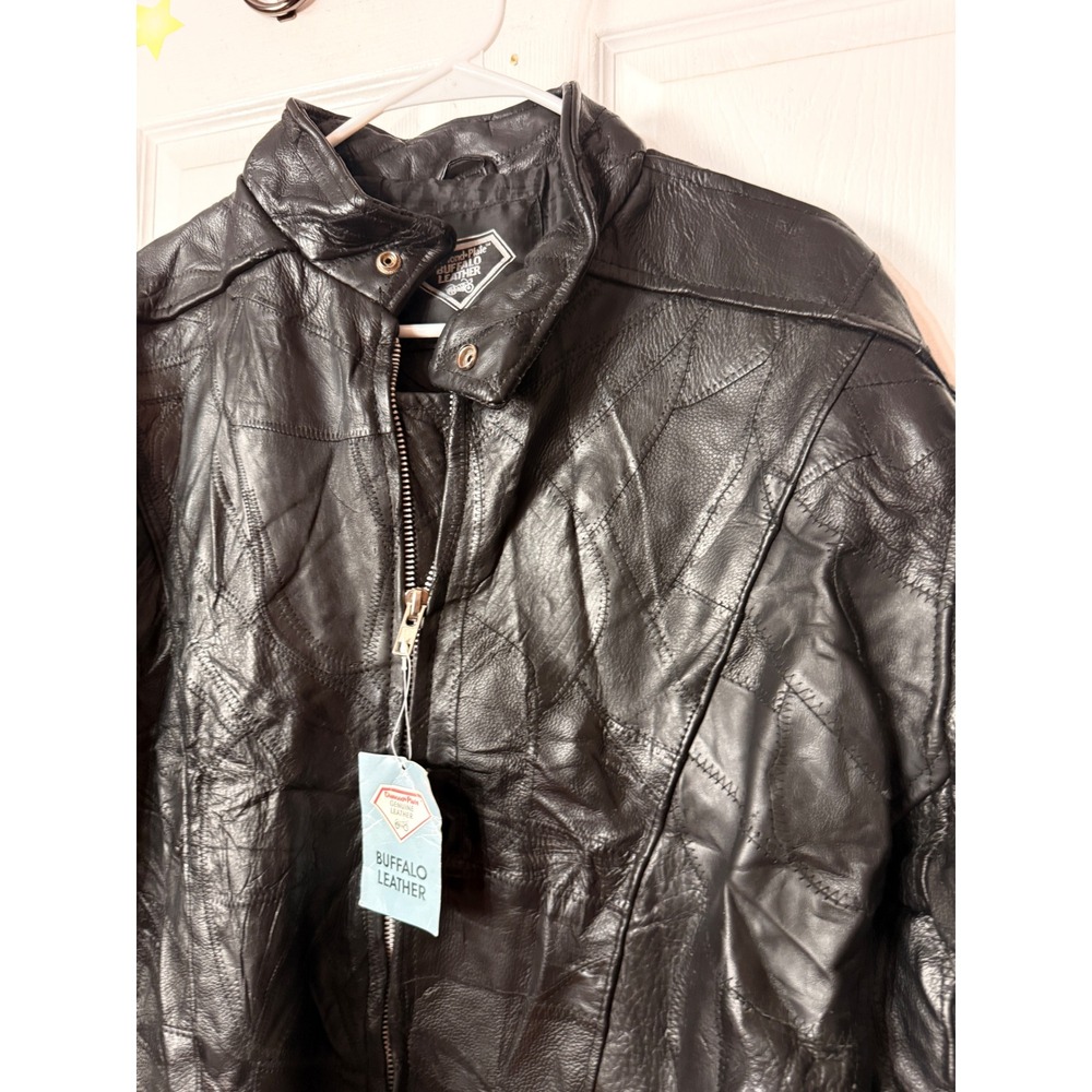 Diamond Plate Buffalo Leather Biker Jacket Mens XL Patchwork Live To Ride Eagle - Picture 3 of 15